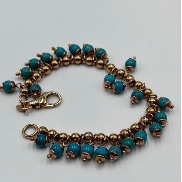 Milor Bronze Italy Faux Blue Turquoise Beaded Dangle Rose Tone Bracelet - Picture 2 of 8